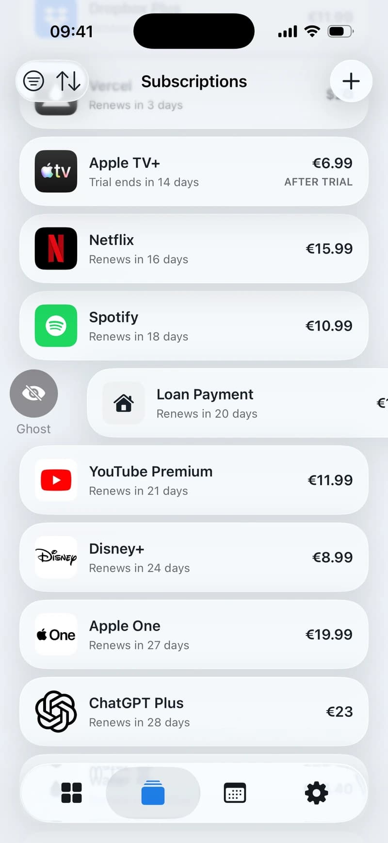 Swiping a subscription to mark it ghostly