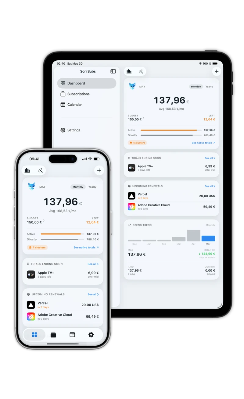 The same Sori dashboard synced across iPhone and iPad