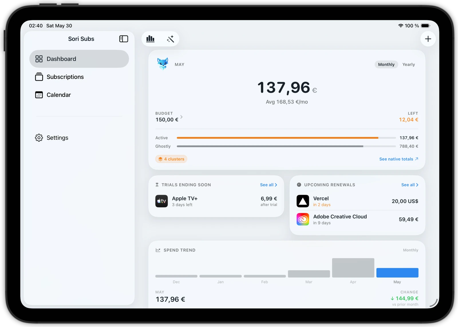 Sori on iPad with a sidebar and dashboard
