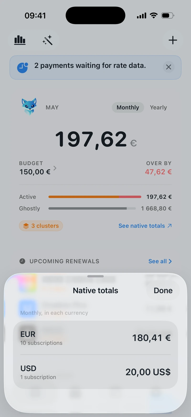 A subscription billed in a foreign currency, converted to the home currency