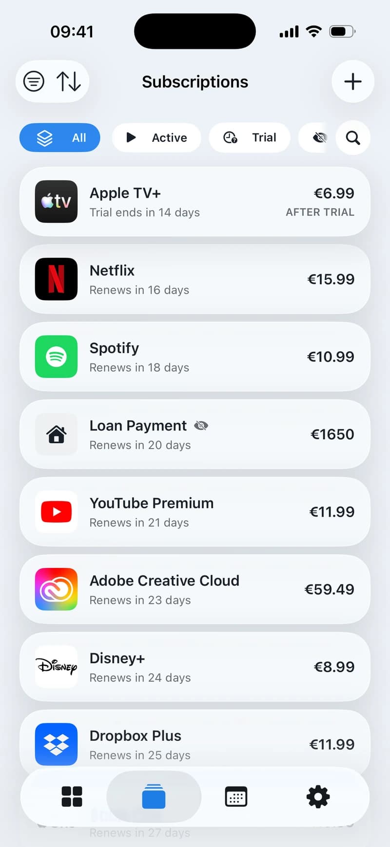 A subscription list added without any bank connection